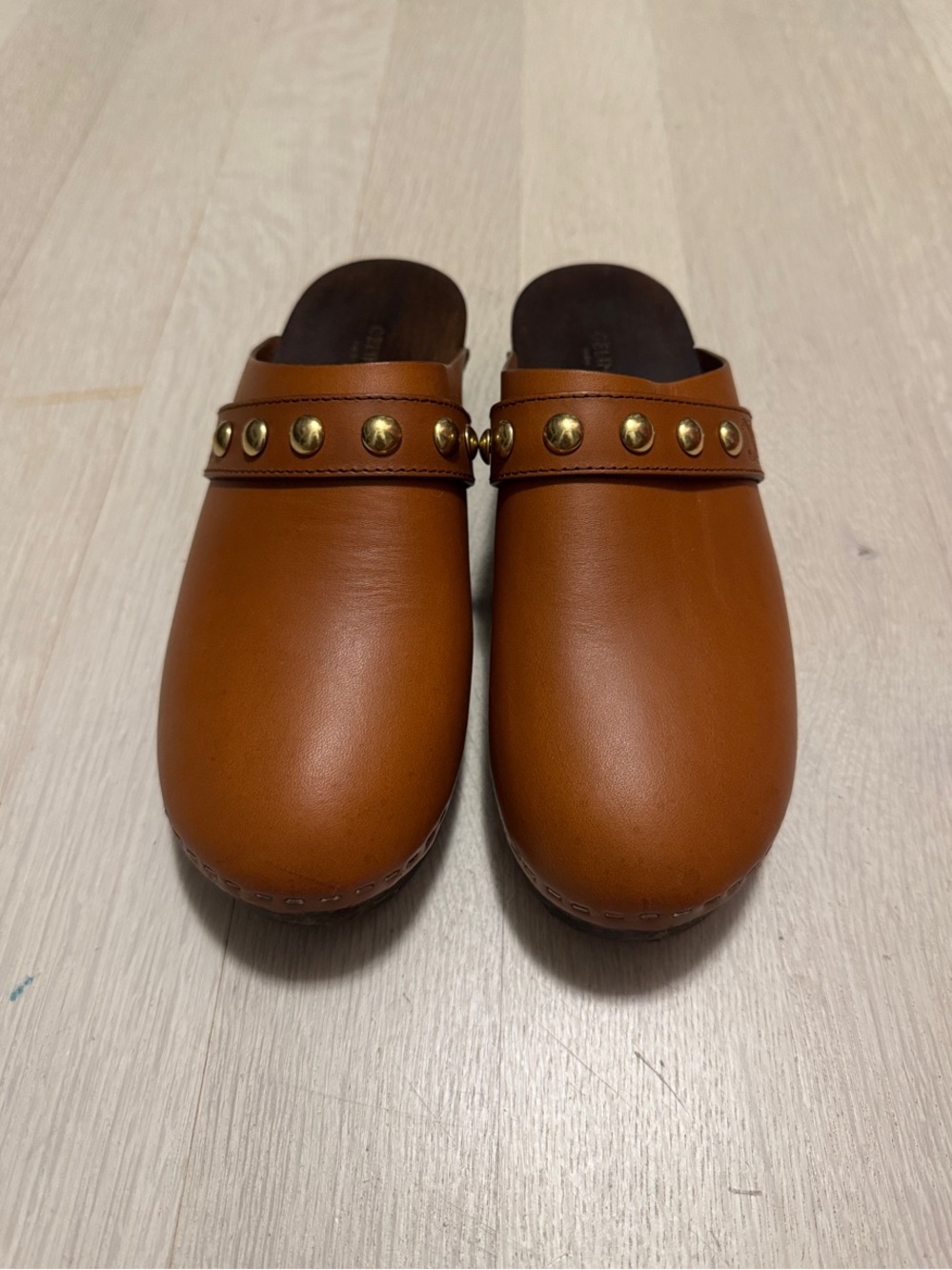 Celine Brown Leather Studded Slip-On Clogs